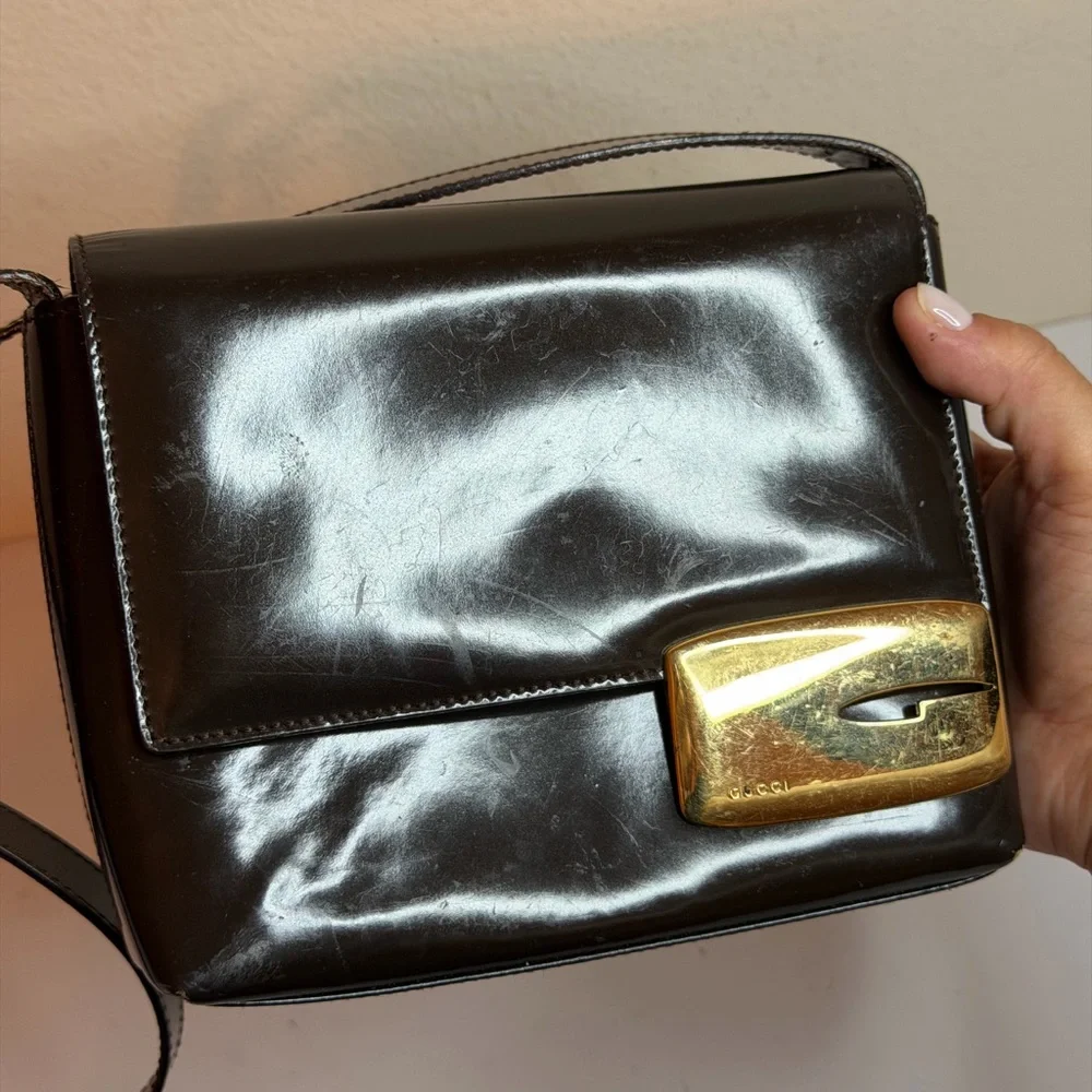 Vintage Gucci Shoulder Bag in Brown Enamel Leather PROJECT - Picture 2 of 16